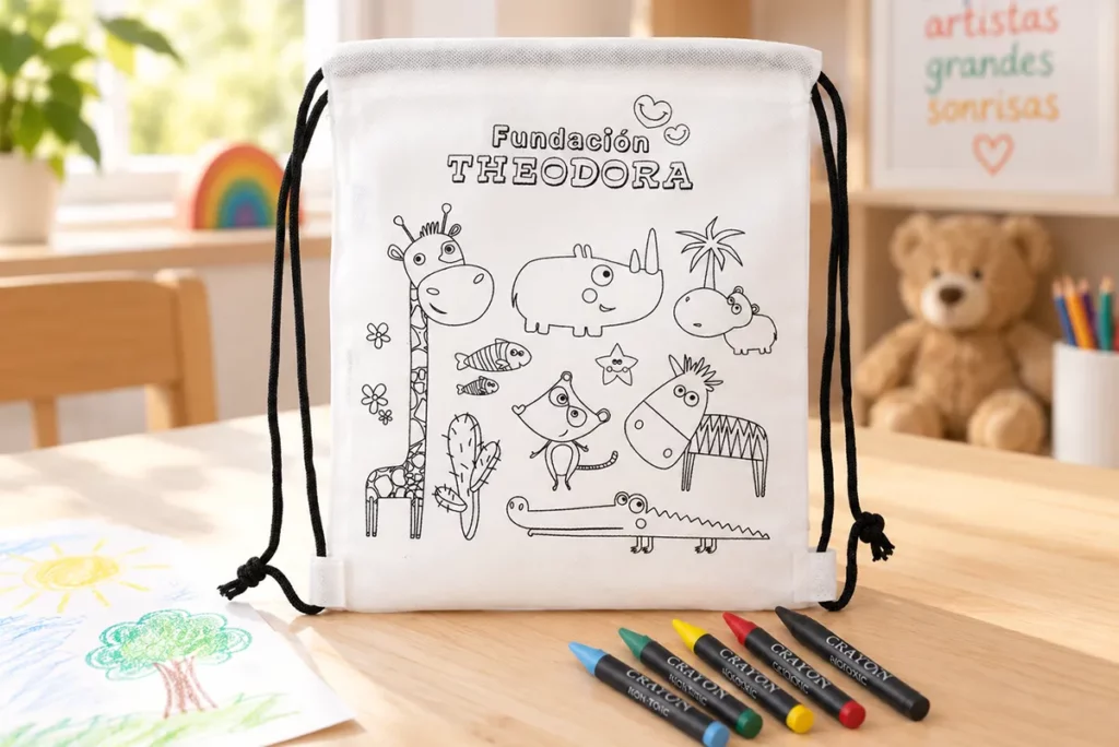 Mochila solidaria para colorear de la Fundación Theodora con sus ceras, sobre una mesa infantil