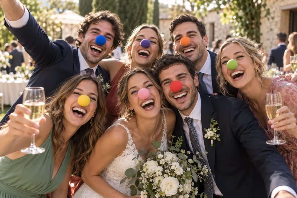 Invitados de una boda se hacen una foto con narices solidarias de colores de la Fundación Theodora