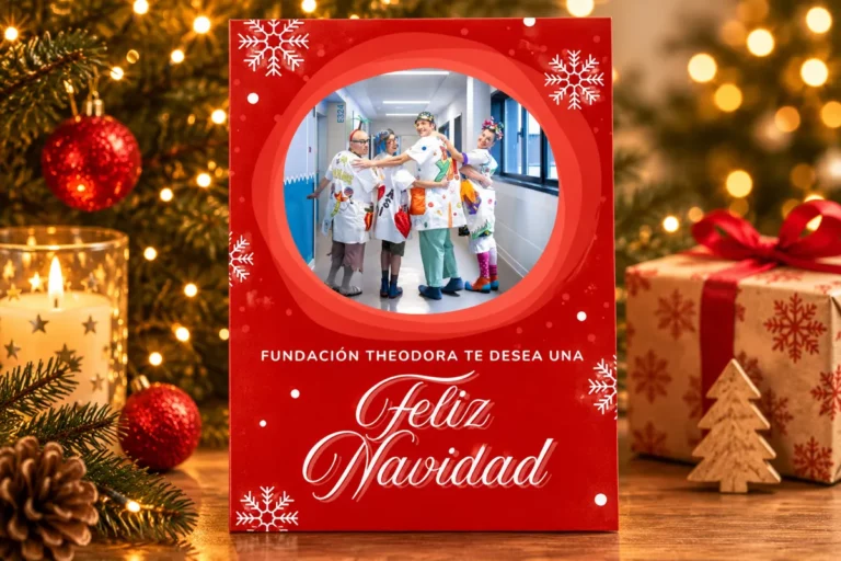 Tarjeta de Navidad solidaria roja con una foto redonda de los Doctores Sonrisa en un pasillo del hospital, «Fundación Theodora te desea una Feliz Navidad»