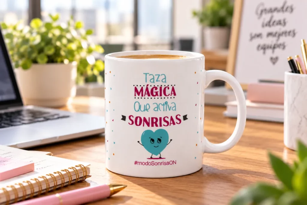 Taza mágica solidaria «que activa sonrisas» de la Fundación Theodora en una mesa de oficina